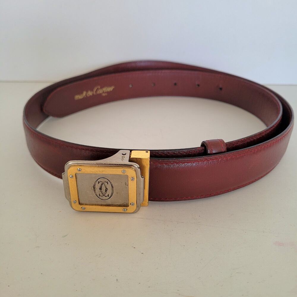 Vintage Cartier Must de Cartier Men's Leather Belt Burgundy Plaque Buckle 38